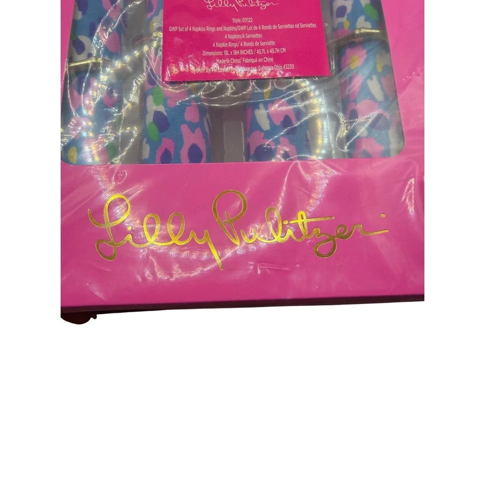 Lilly Pulitzer Hottie Dottie GWP Set of‎ 4 Napkins and Gold Bamboo Napkin Rings